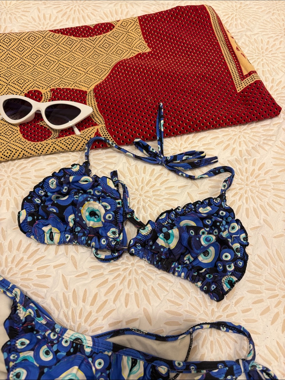 Brazilian Blue Evil Eye Patterned Side Tie String Bikini Set - Picture 2 of 7